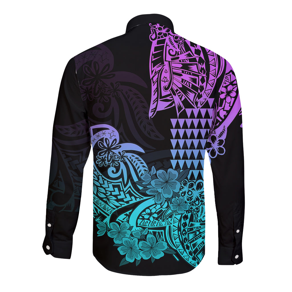 Hawaii Kakau Long Sleeve Button Shirt Polynesian Floral Tribal Heliotrope Version LT9 - Polynesian Pride