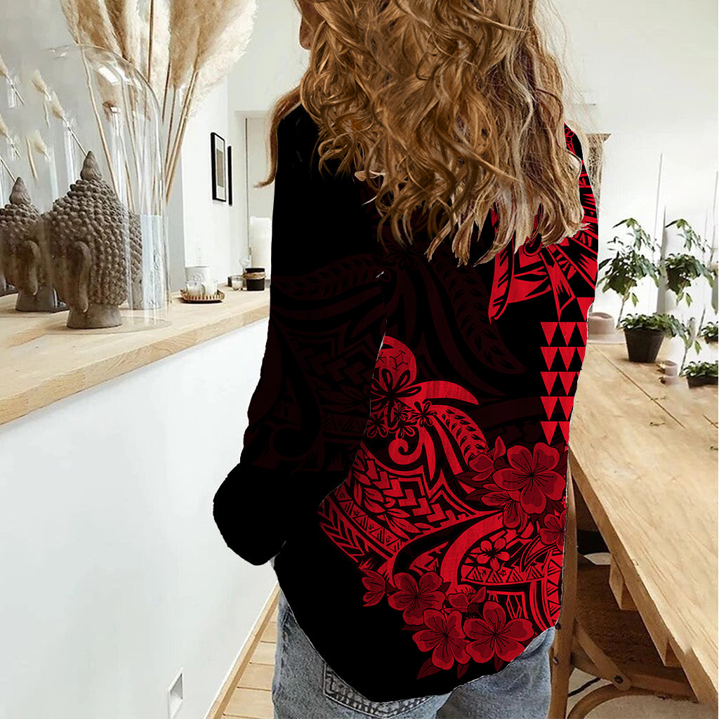 Hawaii Kakau Women Casual Shirt Polynesian Floral Tribal Red Version LT9 - Polynesian Pride
