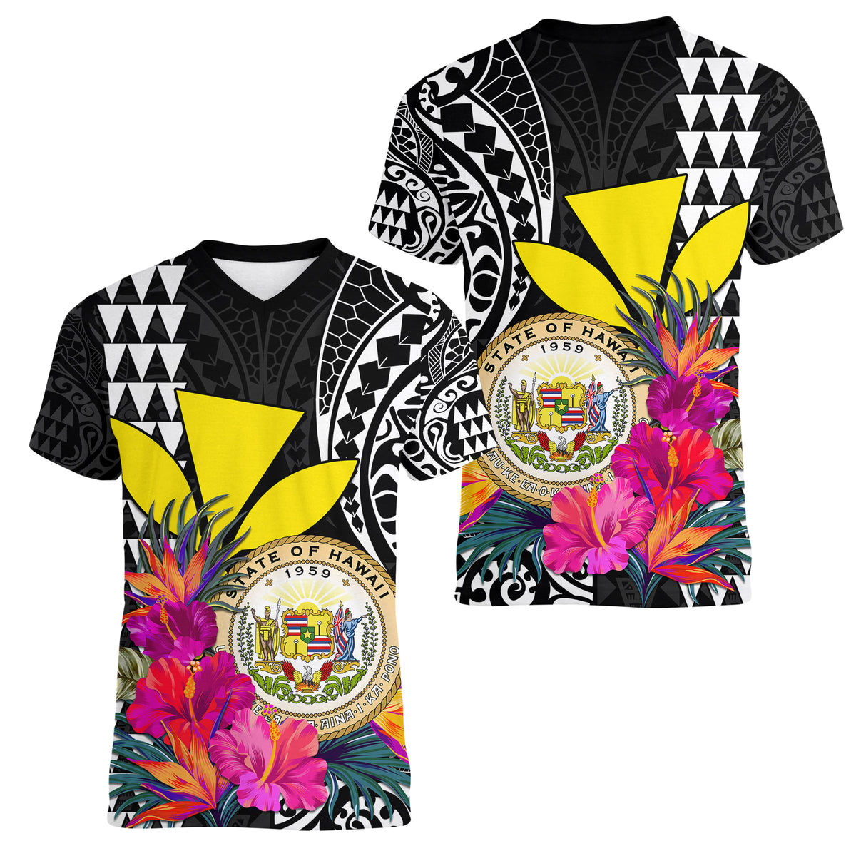 Kakau Tribal Hawaiian Kanaka Maoli Women V Neck T Shirt LT9 Female Black - Polynesian Pride