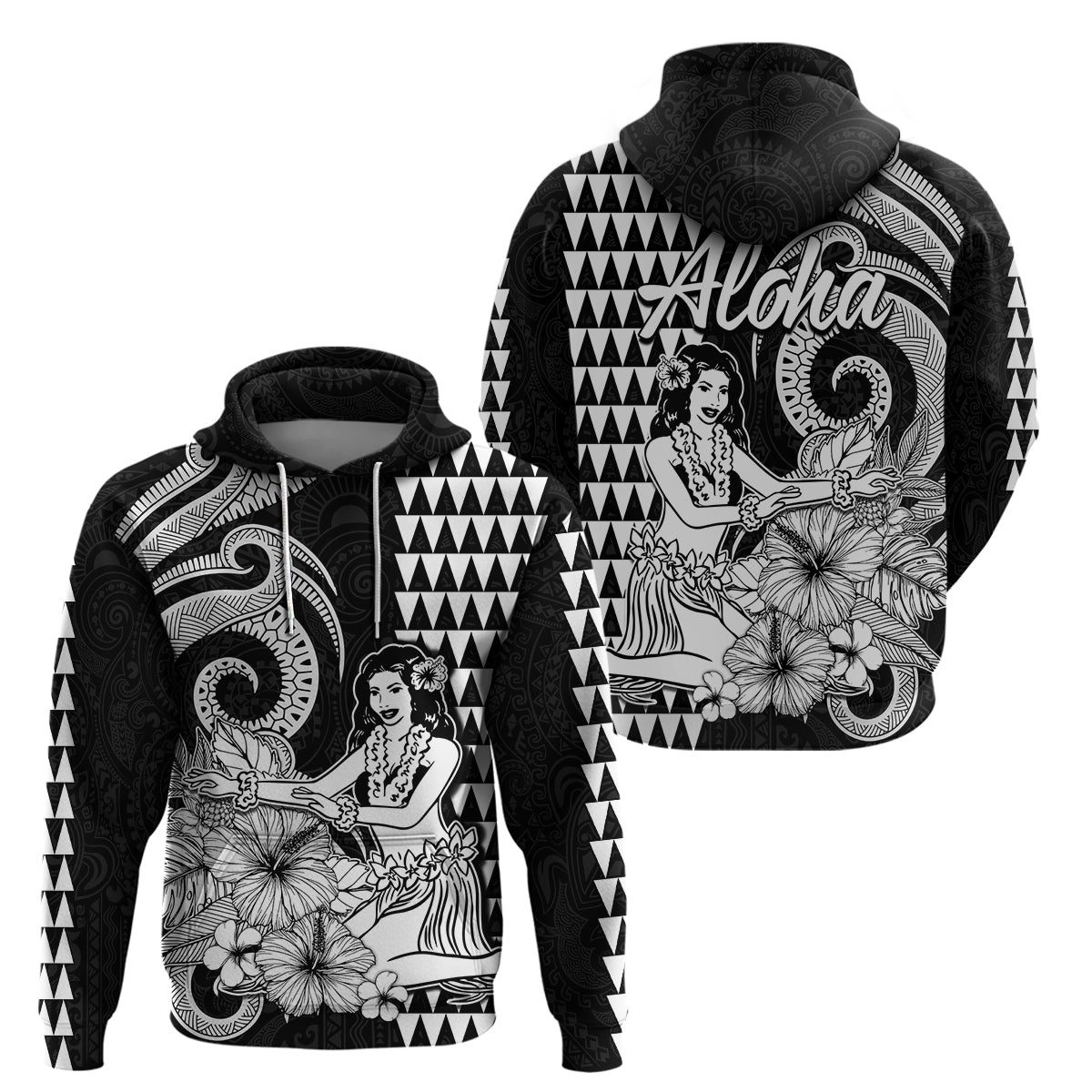 Aloha Hula Girl Hawaiian Tribal and Simple Kakau Hoodie LT9 Pullover Hoodie Black - Polynesian Pride