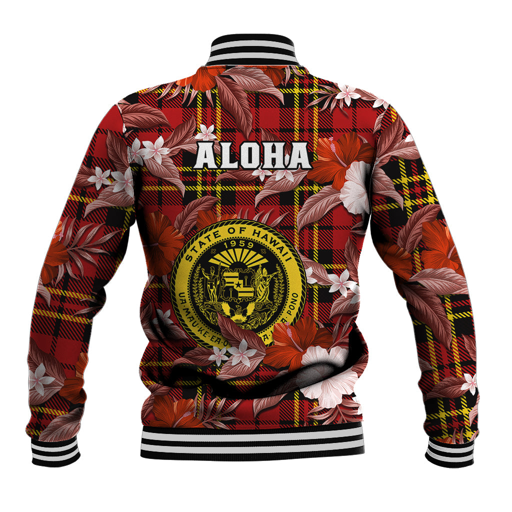 Hawaii State Baseball Jacket Tropical Flowers Mix Tartan Red Version LT14 - Polynesian Pride
