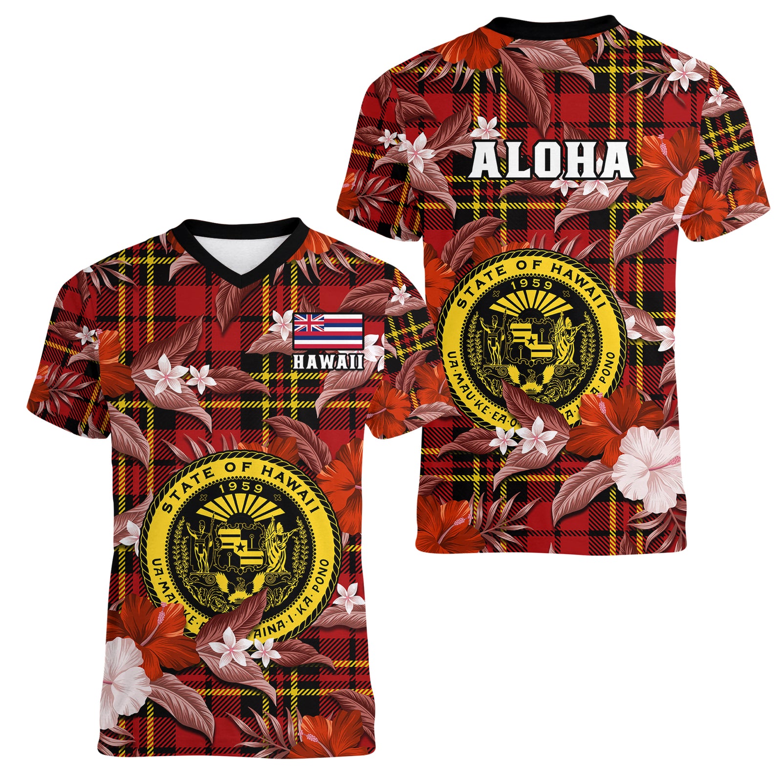 Hawaii State Women V Neck T Shirt Tropical Flowers Mix Tartan Red Version LT14 Female Red - Polynesian Pride