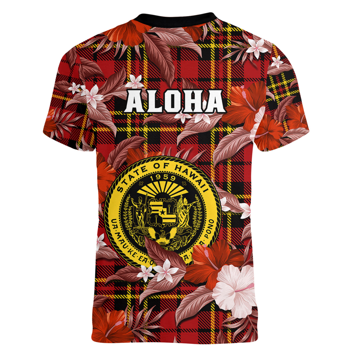 Hawaii State Women V Neck T Shirt Tropical Flowers Mix Tartan Red Version LT14 - Polynesian Pride