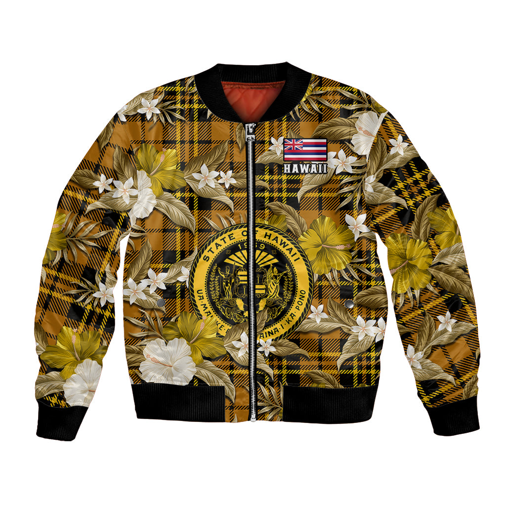 Hawaii State Bomber Jacket Tropical Flowers Mix Tartan Gold Version LT14 Unisex Gold - Polynesian Pride