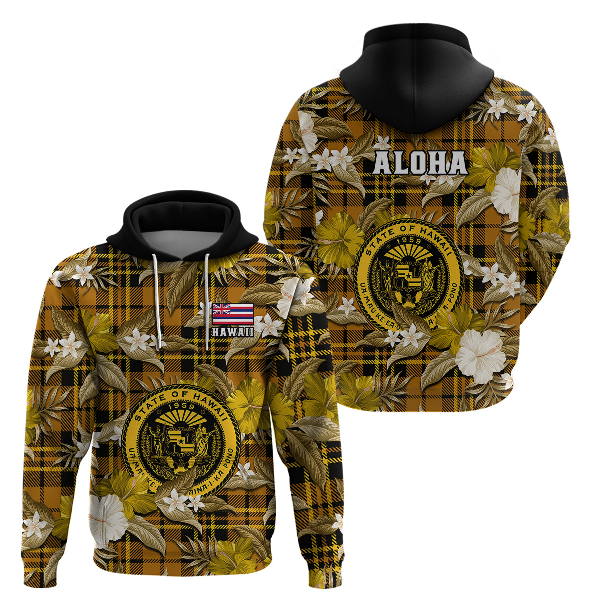 Hawaii State Hoodie Tropical Flowers Mix Tartan Gold Version LT14 Pullover Hoodie Gold - Polynesian Pride