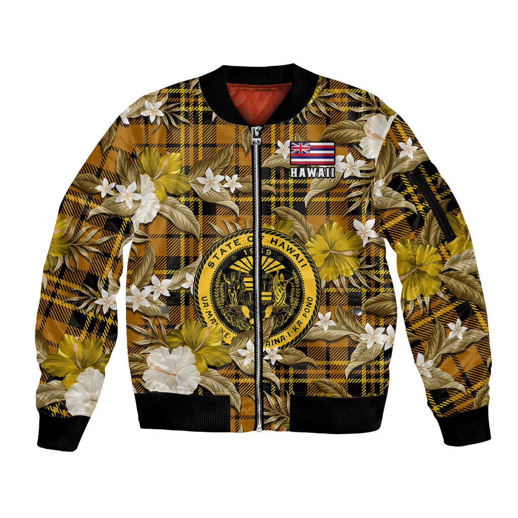 Hawaii State Sleeve Zip Bomber Jacket Tropical Flowers Mix Tartan Gold Version LT14 Unisex Gold - Polynesian Pride