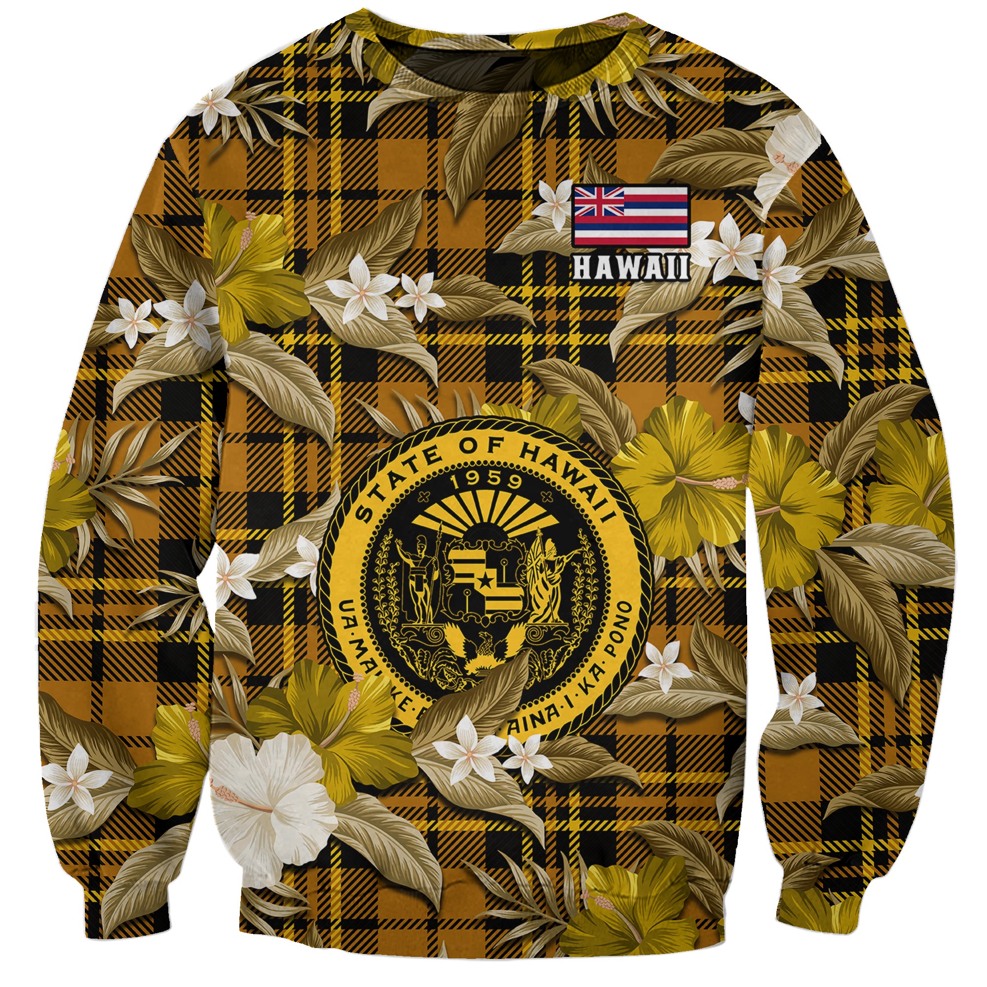 Hawaii State Sweatshirt Tropical Flowers Mix Tartan Gold Version LT14 Unisex Gold - Polynesian Pride