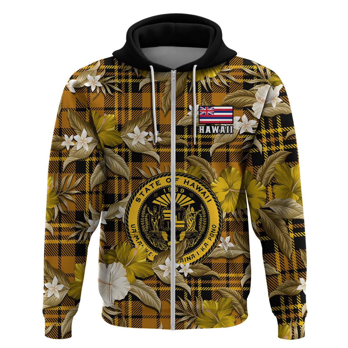 Custom Hawaii State Hoodie Tropical Flowers Mix Tartan Gold Version LT14 - Polynesian Pride