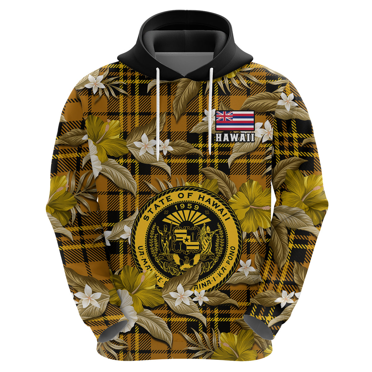 Custom Hawaii State Hoodie Tropical Flowers Mix Tartan Gold Version LT14 Zip Hoodie Gold - Polynesian Pride
