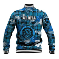 Hawaii State Baseball Jacket Tropical Flowers Mix Tartan Blue Version LT14 - Polynesian Pride
