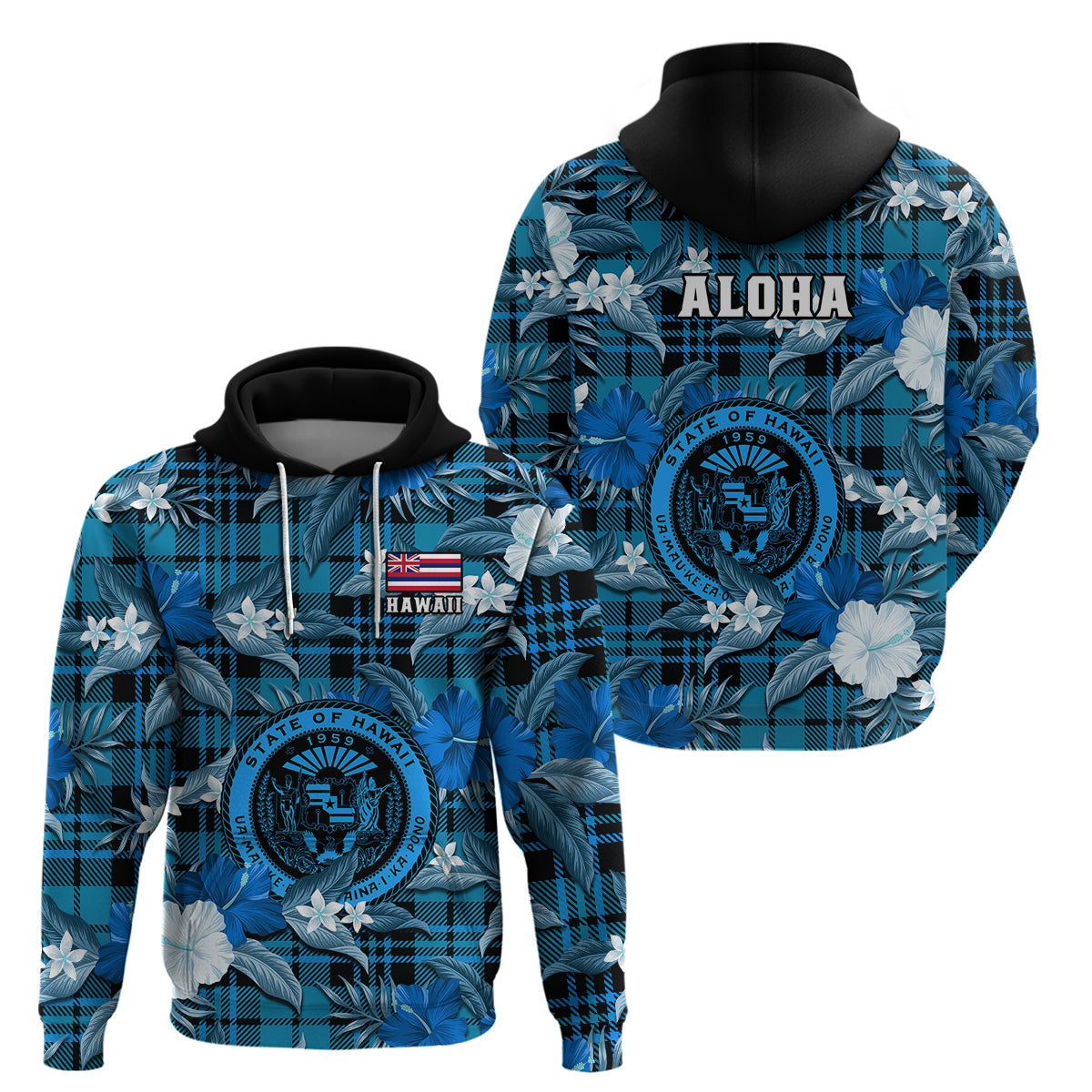 Hawaii State Hoodie Tropical Flowers Mix Tartan Blue Version LT14 Pullover Hoodie Blue - Polynesian Pride