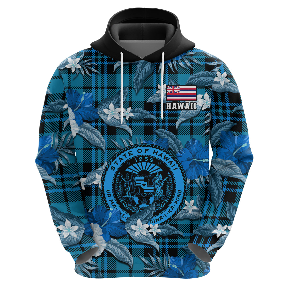 Hawaii State Hoodie Tropical Flowers Mix Tartan Blue Version LT14 Zip Hoodie Blue - Polynesian Pride