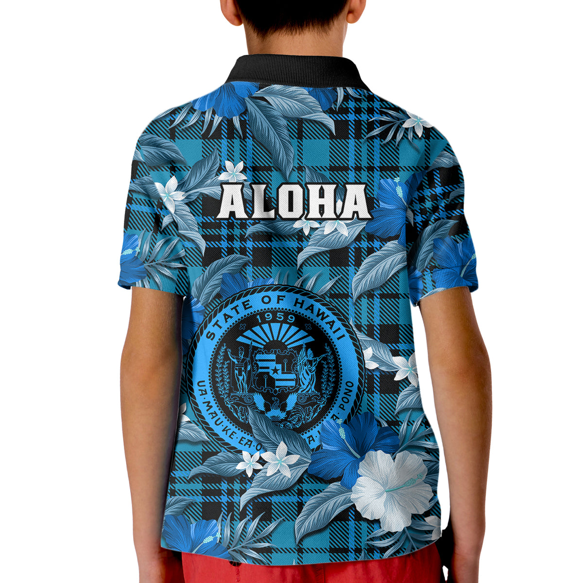 Hawaii State Kid Polo Shirt Tropical Flowers Mix Tartan Blue Version LT14 - Polynesian Pride