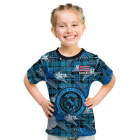 Hawaii State Kid T Shirt Tropical Flowers Mix Tartan Blue Version LT14 - Polynesian Pride
