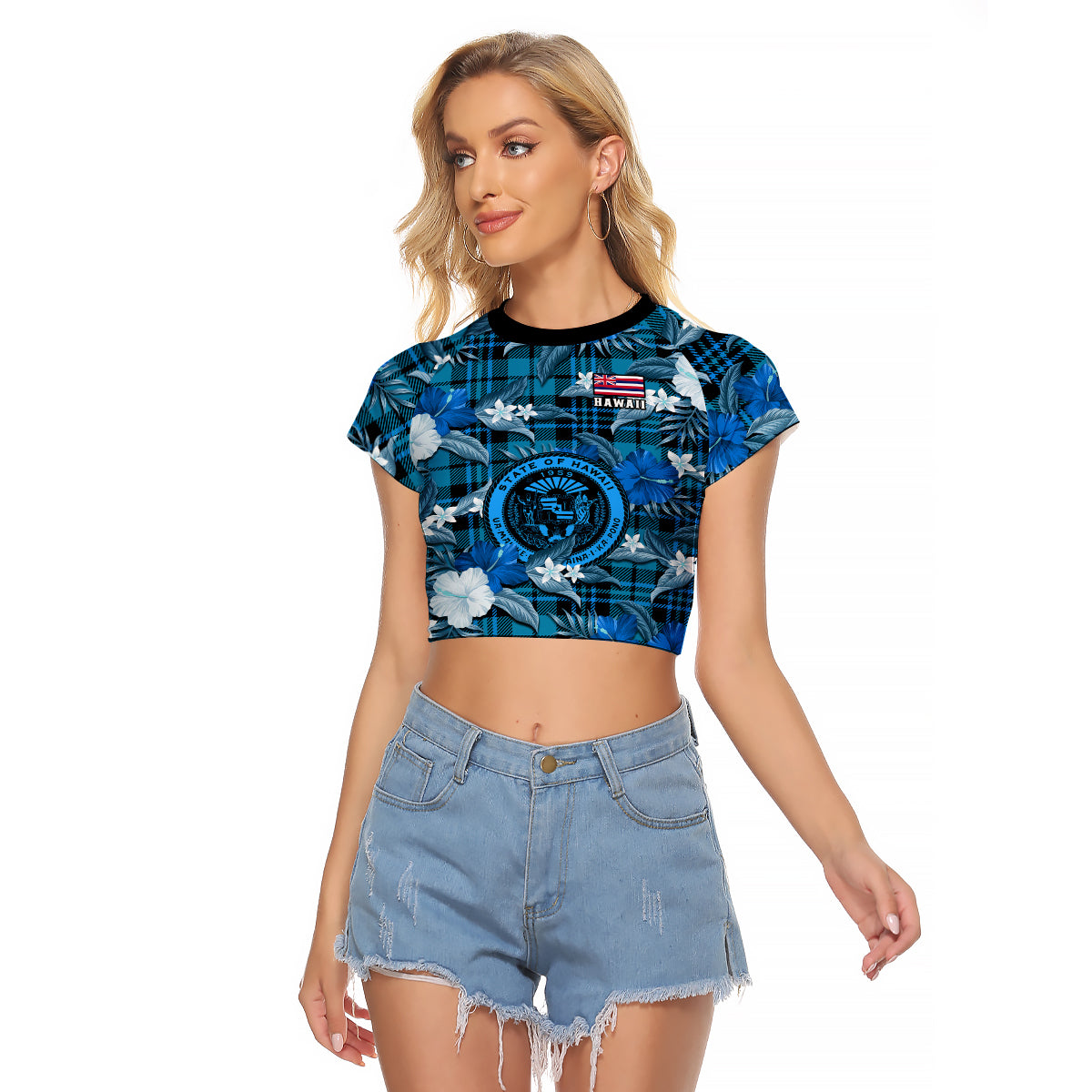Hawaii State Raglan Cropped T Shirt Tropical Flowers Mix Tartan Blue Version LT14 Female Blue - Polynesian Pride