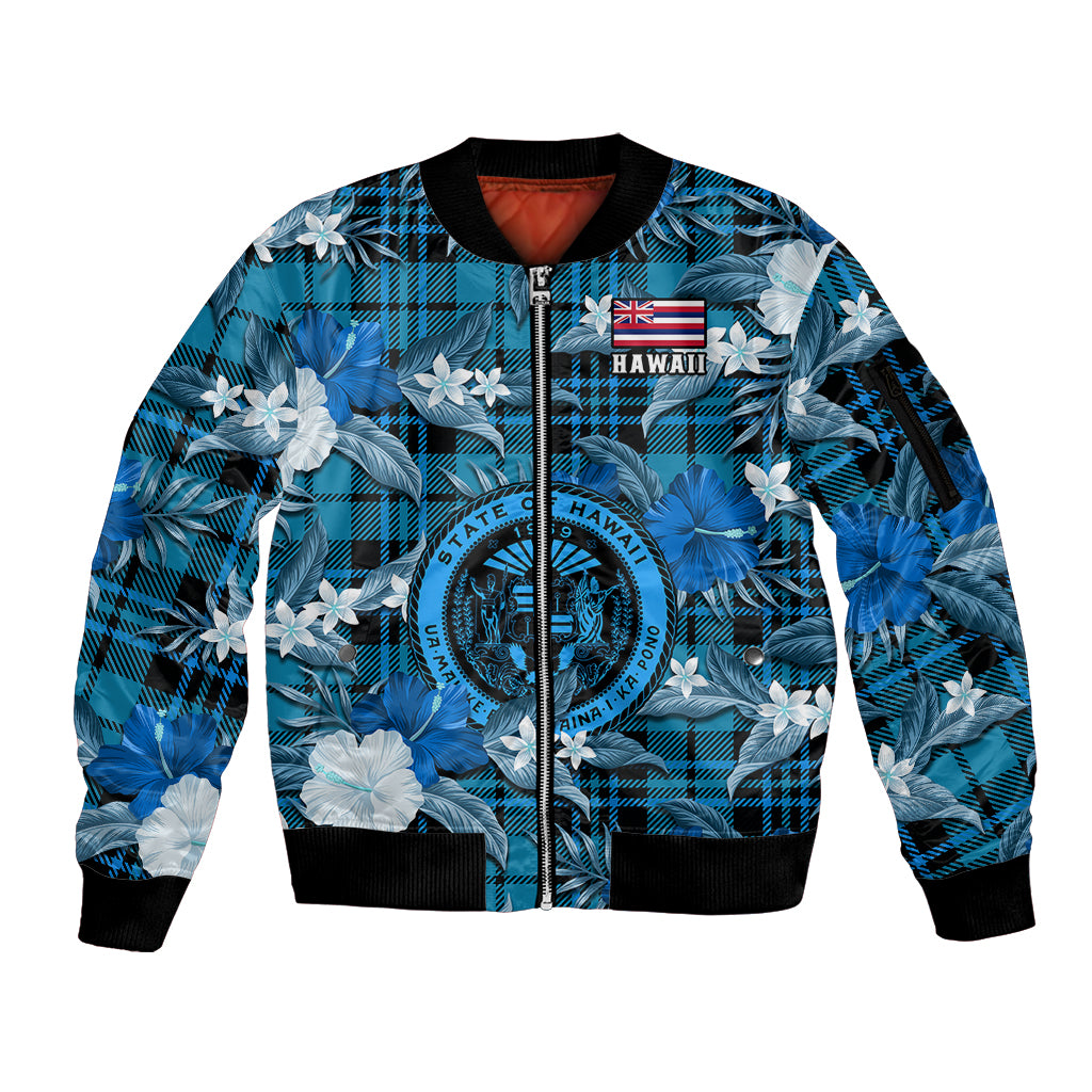 Hawaii State Sleeve Zip Bomber Jacket Tropical Flowers Mix Tartan Blue Version LT14 Unisex Blue - Polynesian Pride