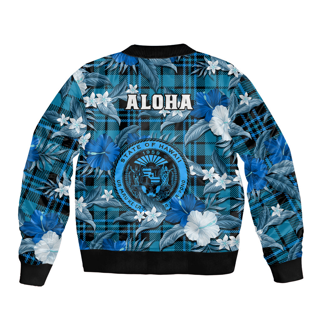 Hawaii State Sleeve Zip Bomber Jacket Tropical Flowers Mix Tartan Blue Version LT14 - Polynesian Pride