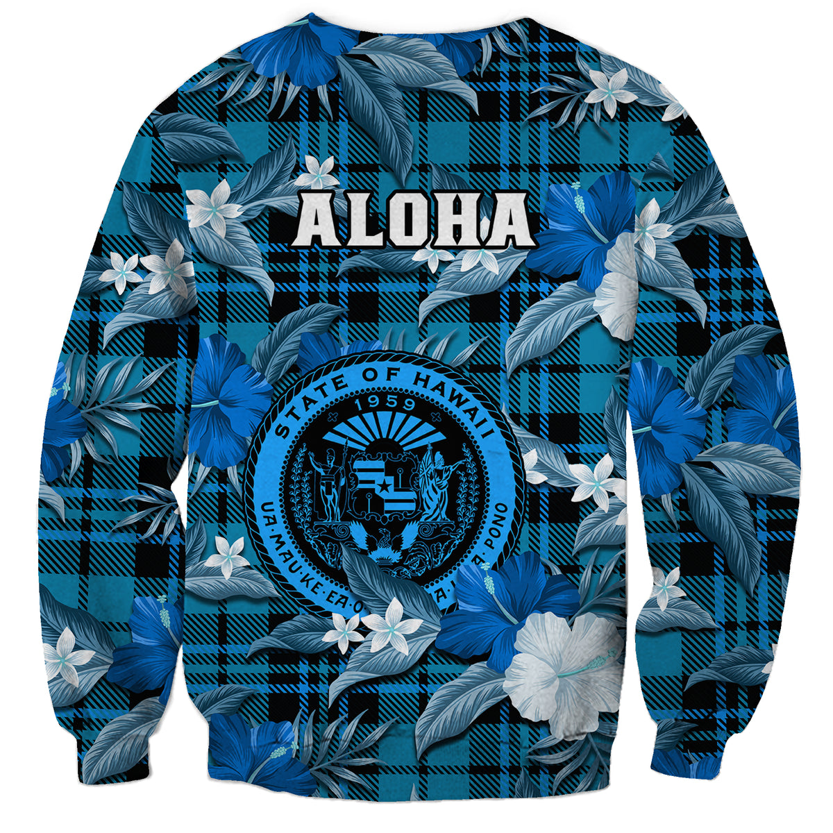 Hawaii State Sweatshirt Tropical Flowers Mix Tartan Blue Version LT14 - Polynesian Pride