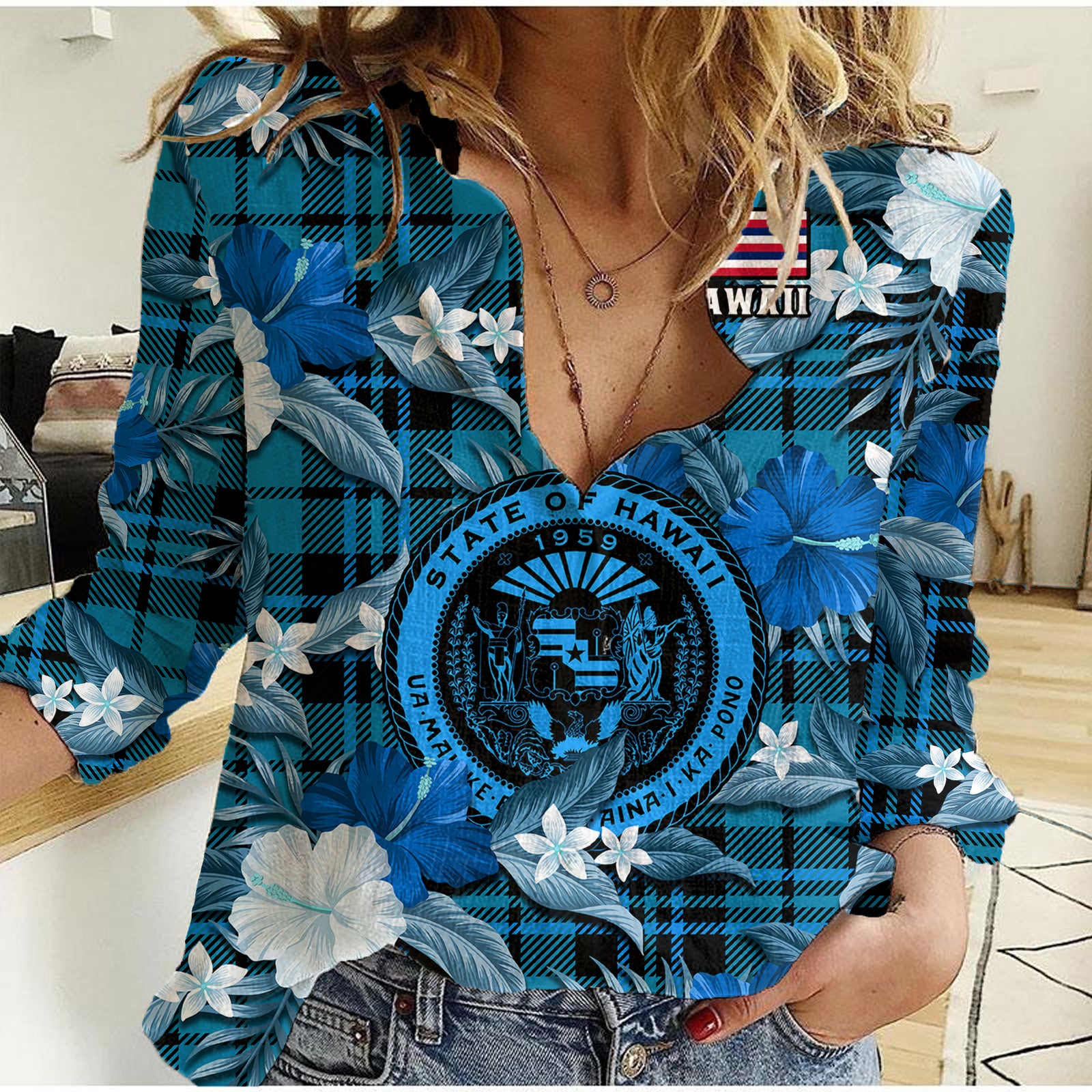 Hawaii State Women Casual Shirt Tropical Flowers Mix Tartan Blue Version LT14 Female Blue - Polynesian Pride
