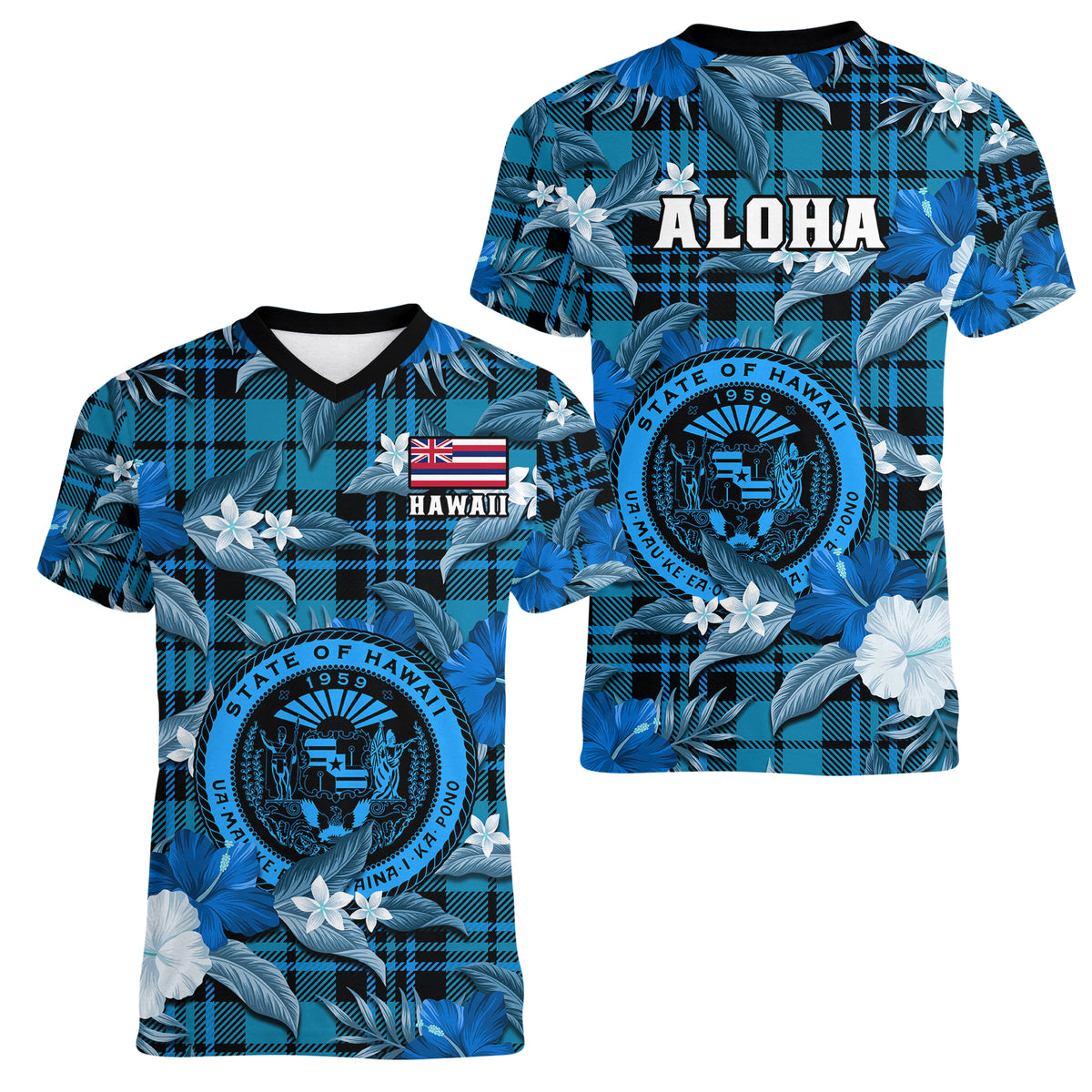 Hawaii State Women V Neck T Shirt Tropical Flowers Mix Tartan Blue Version LT14 Female Blue - Polynesian Pride