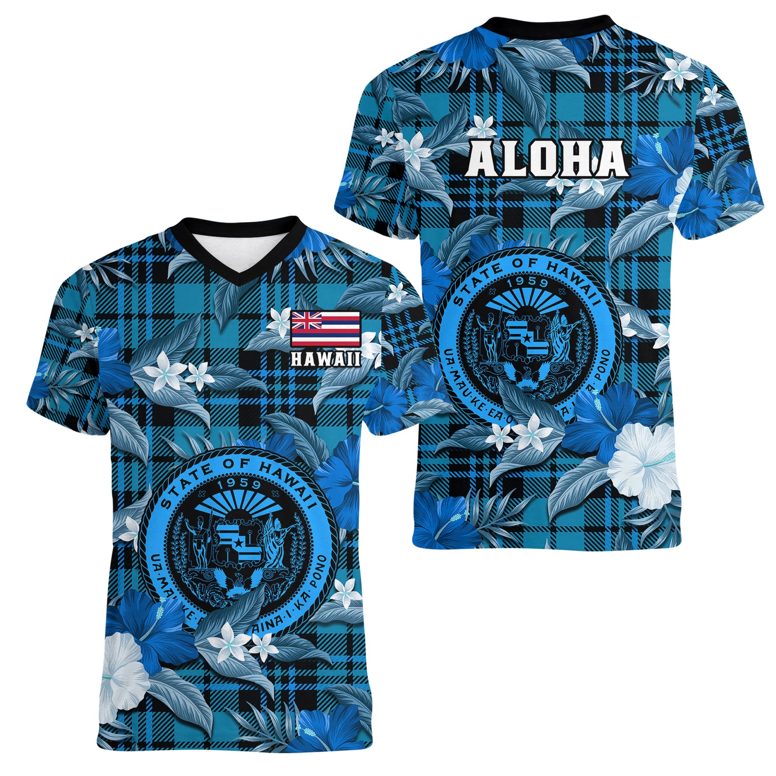 Hawaii State Women V Neck T Shirt Tropical Flowers Mix Tartan Blue Version LT14 Female Blue - Polynesian Pride
