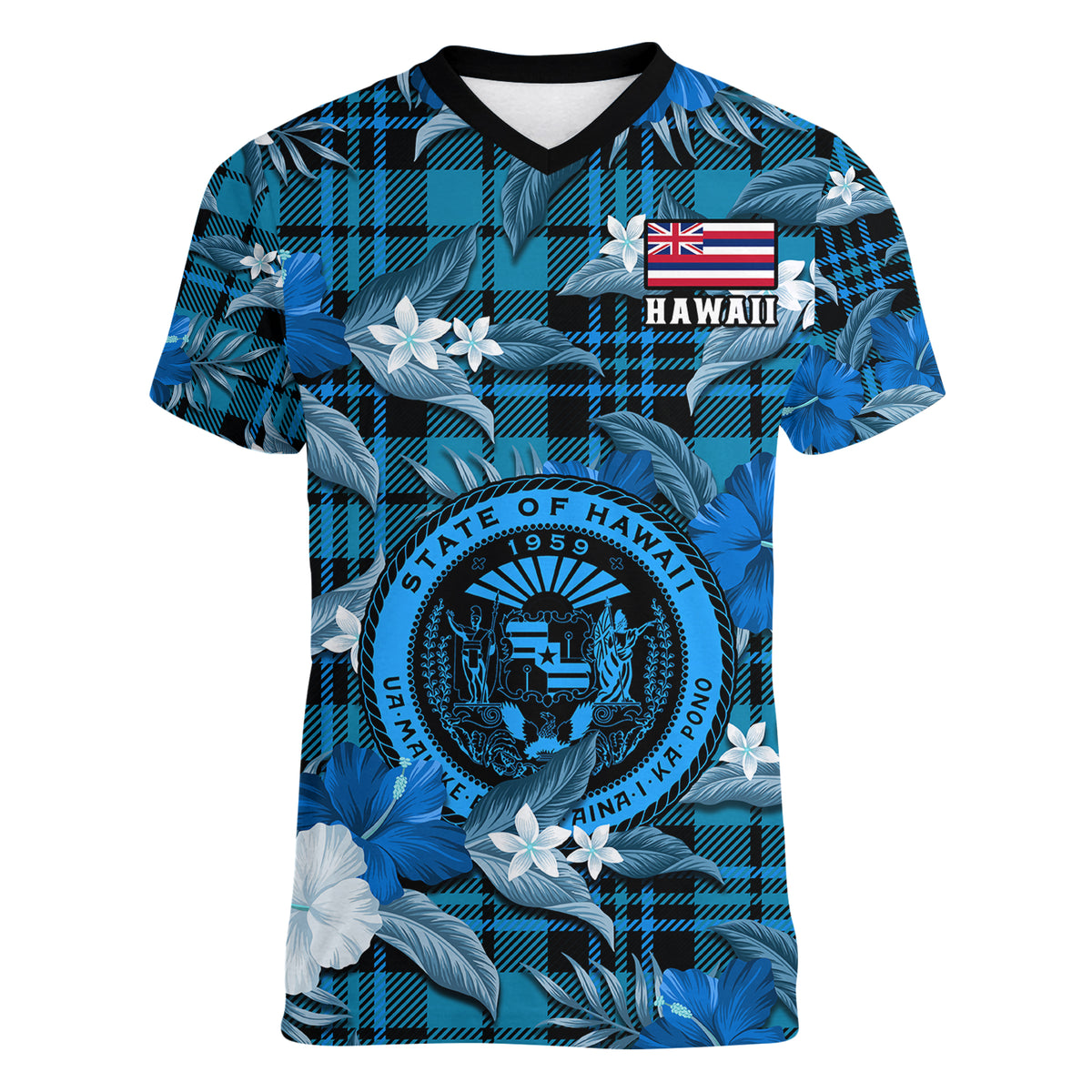 Hawaii State Women V Neck T Shirt Tropical Flowers Mix Tartan Blue Version LT14 - Polynesian Pride
