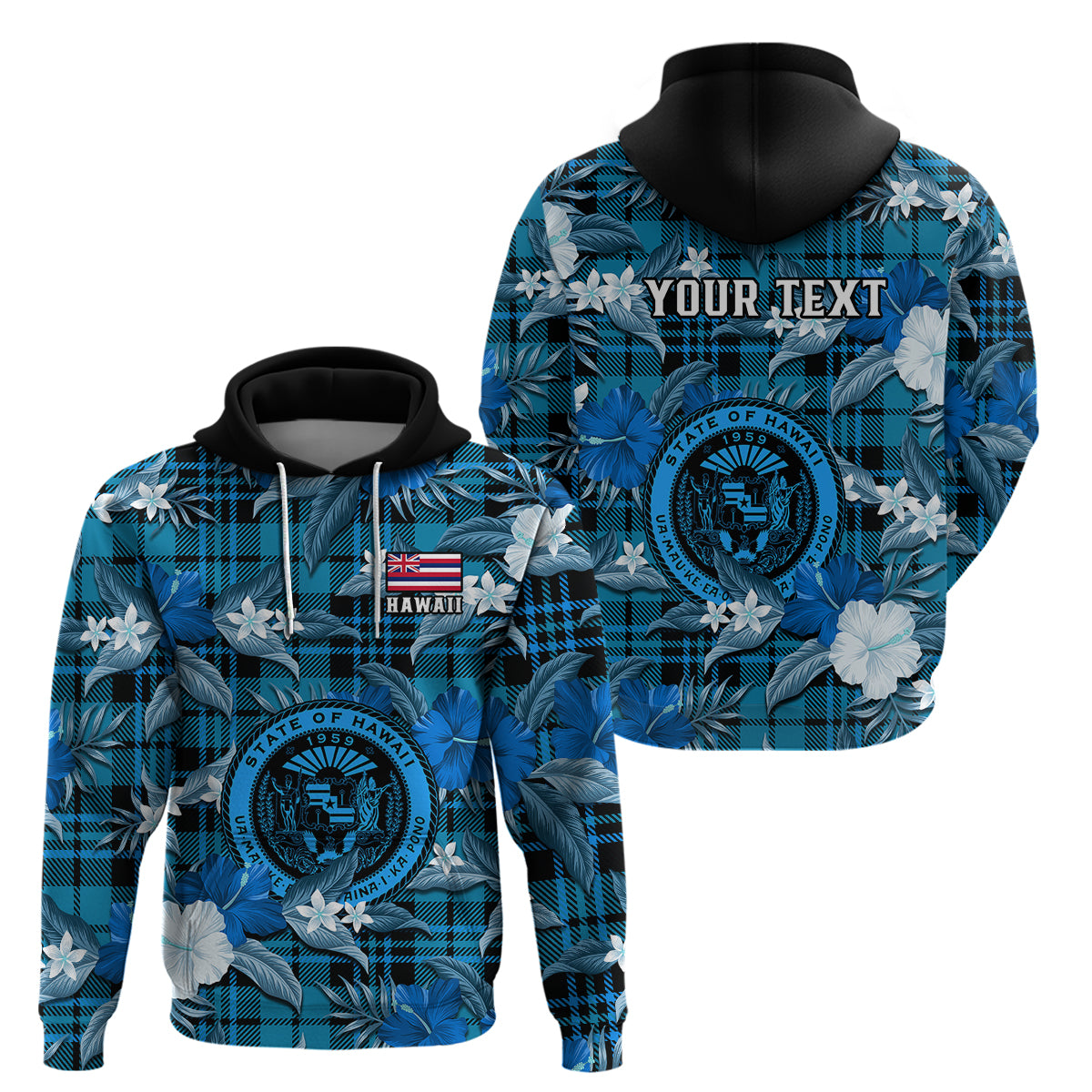 Custom Hawaii State Hoodie Tropical Flowers Mix Tartan Blue Version LT14 Pullover Hoodie Blue - Polynesian Pride