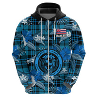 Custom Hawaii State Hoodie Tropical Flowers Mix Tartan Blue Version LT14 - Polynesian Pride