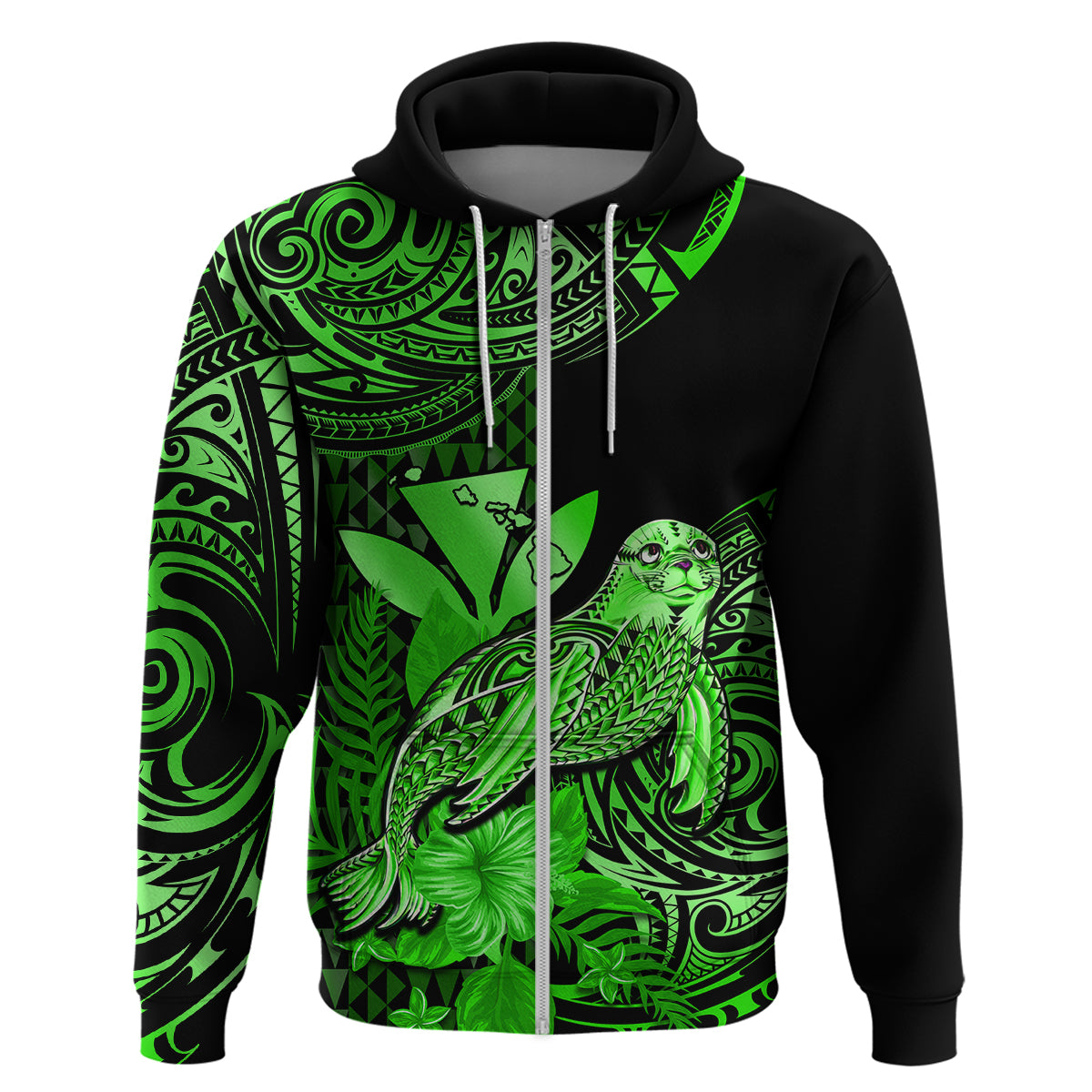 Custom Hawaii Monk Seal Hoodie Polynesian Kakau With Kanaka Green LT14 - Polynesian Pride
