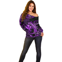 (Custom Personalised) Hawaii Hammerhead Shark Off Shoulder Sweater Polynesian Kakau With Kanaka Purple LT14 - Polynesian Pride