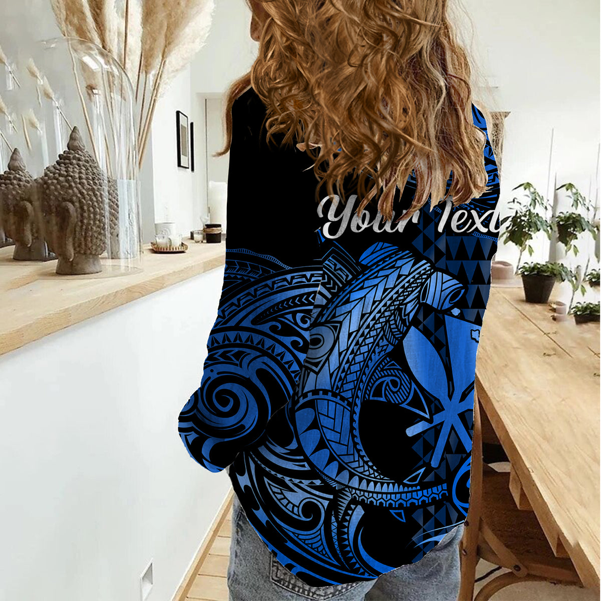 (Custom Personalised) Hawaii Hammerhead Shark Women Casual Shirt Polynesian Kakau With Kanaka Blue LT14 - Polynesian Pride