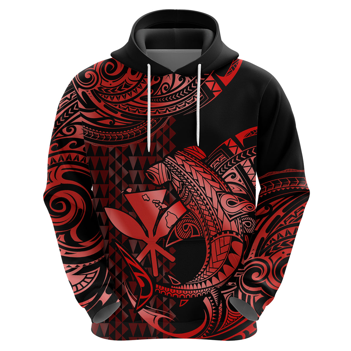 Custom Hawaii Hammerhead Shark Hoodie Polynesian Kakau With Kanaka Red LT14 Zip Hoodie Red - Polynesian Pride