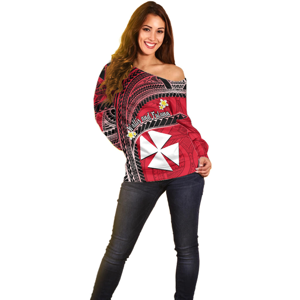 Wallis And Futuna Off Shoulder Sweater Plumeria Flowers With Red Polynesian Pattern LT14 - Polynesian Pride
