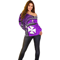 (Custom Personalised) Wallis And Futuna Off Shoulder Sweater Plumeria Flowers With Purple Polynesian Pattern LT14 - Polynesian Pride