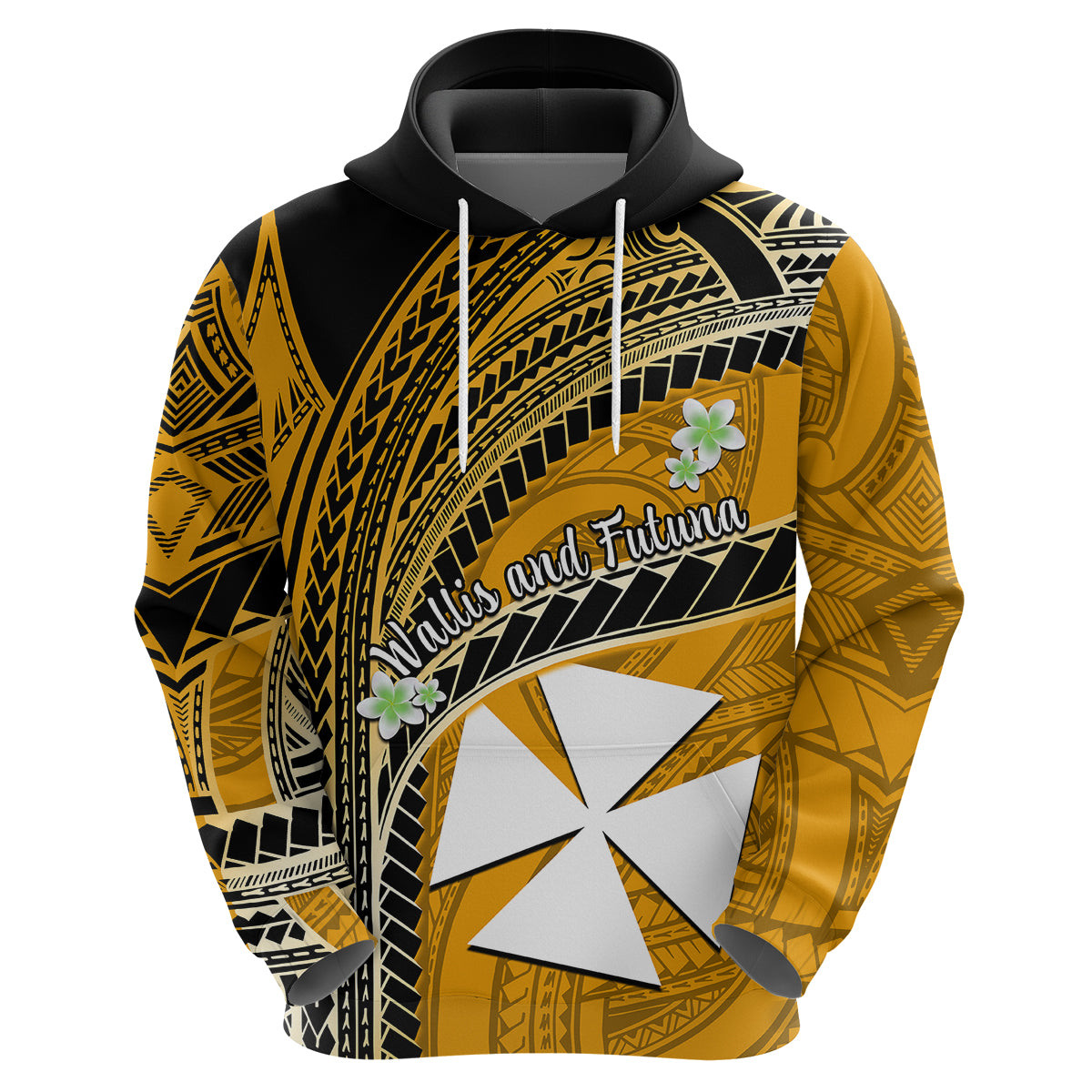 Custom Wallis and Futuna Hoodie Plumeria Flowers With Gold Polynesian Pattern LT14 Zip Hoodie Gold - Polynesian Pride