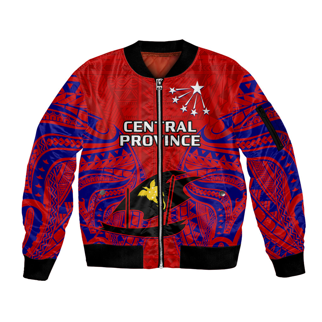 Papua New Guinea Sleeve Zip Bomber Jacket Central Province Mix Coat Of Arms Polynesian Art LT14 Unisex Red - Polynesian Pride