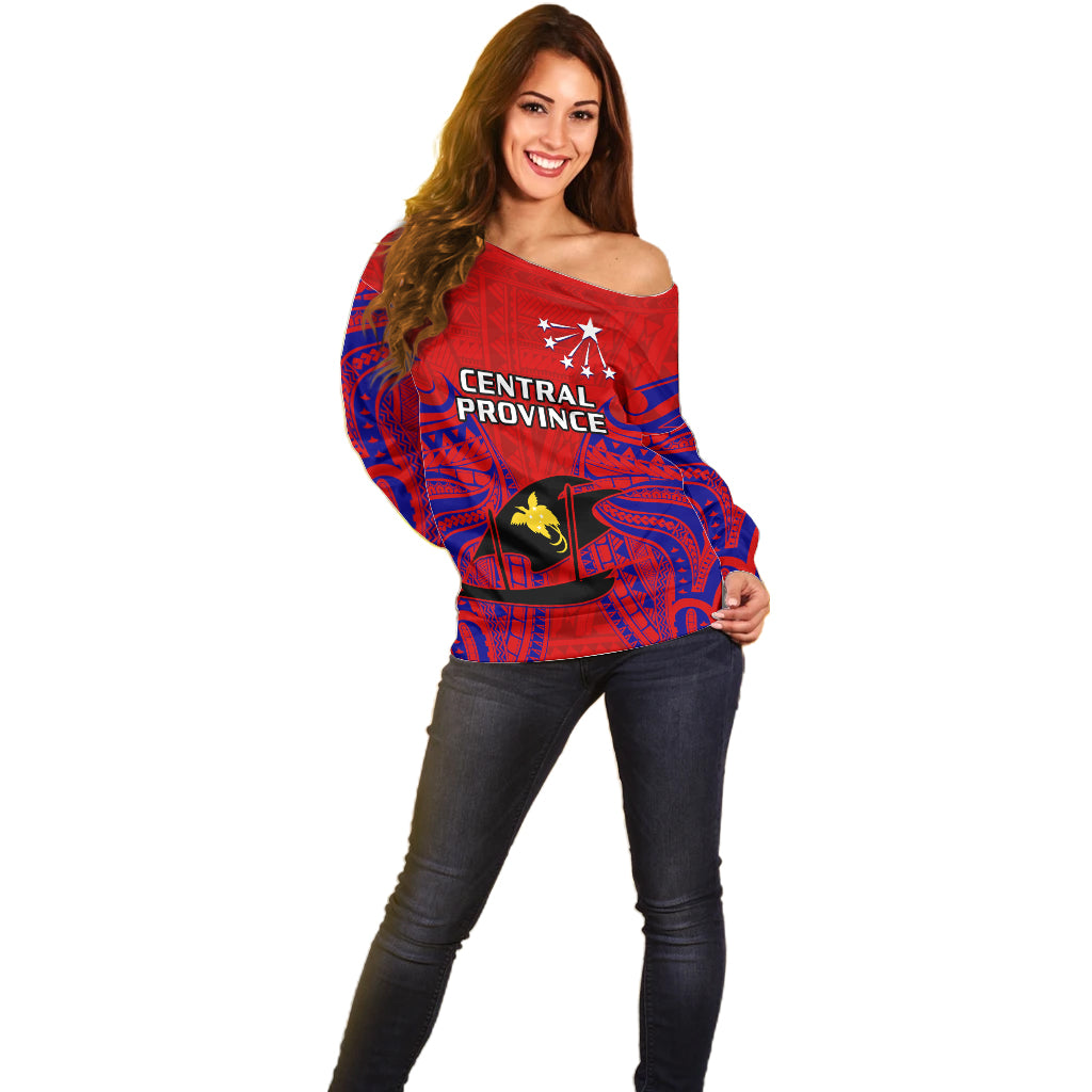 (Custom Personalised) Papua New Guinea Off Shoulder Sweater Central Province Mix Coat Of Arms Polynesian Art LT14 - Polynesian Pride