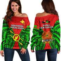 Papua New Guinea Off Shoulder Sweater Southern Highlands Province Mix Coat Of Arms Polynesian Art LT14 Women Red - Polynesian Pride