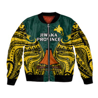 Papua New Guinea Sleeve Zip Bomber Jacket Jiwaka Province Mix Coat Of Arms Polynesian Art LT14 Unisex Green - Polynesian Pride