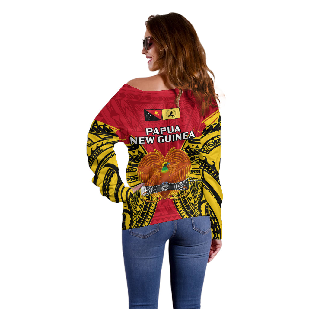 Papua New Guinea Off Shoulder Sweater National Capital District Mix Coat Of Arms Polynesian Art LT14 - Polynesian Pride