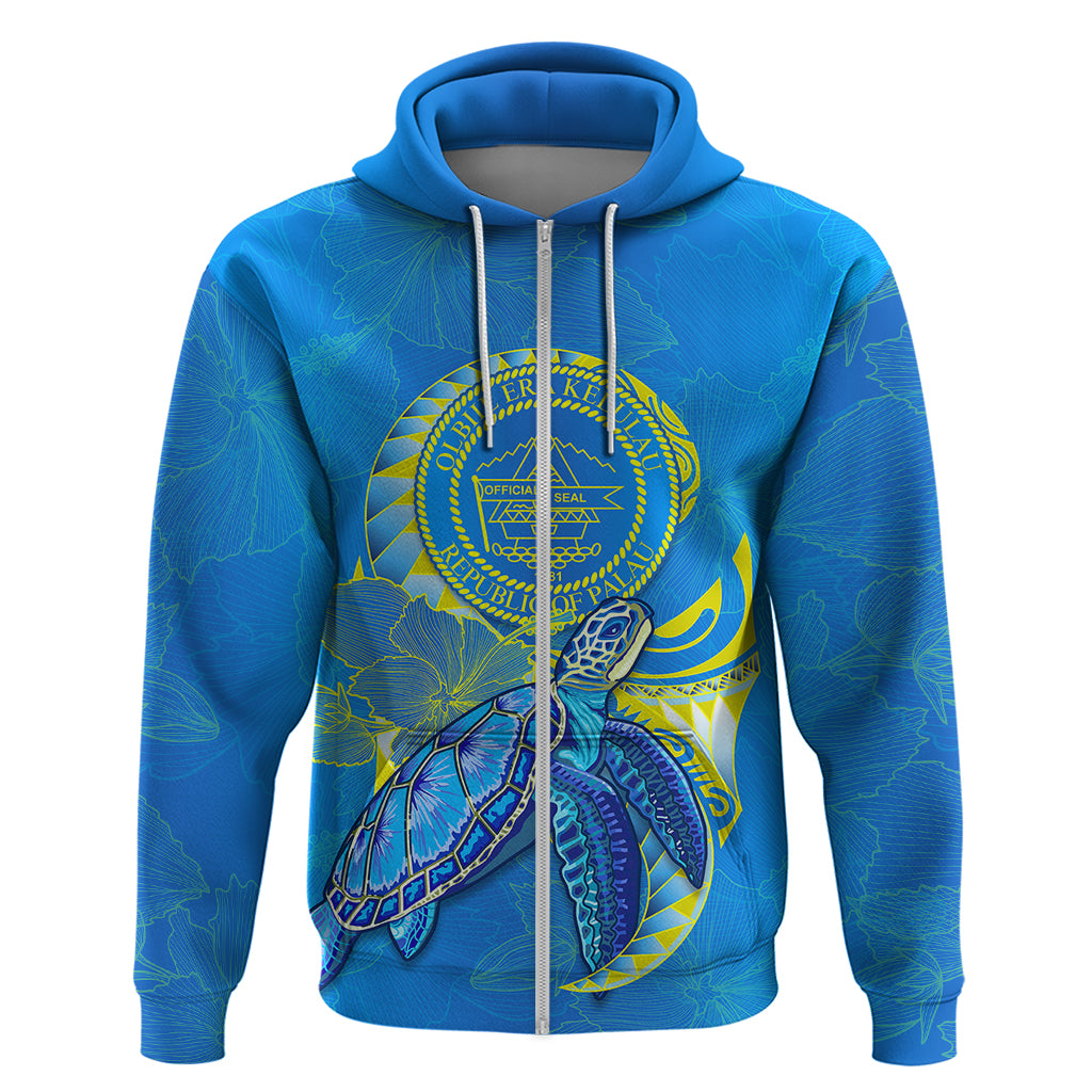 Custom Palau Hoodie Hibiscus Turtle Mix Coat of Arms Blue Version LT14 - Polynesian Pride