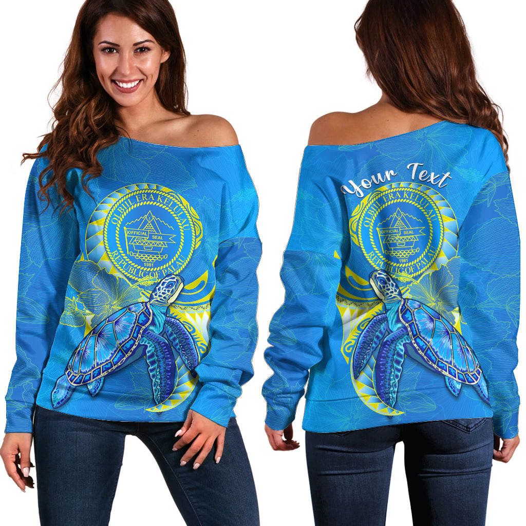 (Custom Personalised) Palau Off Shoulder Sweater Hibiscus Turtle Mix Coat Of Arms Blue Version LT14 Women Blue - Polynesian Pride