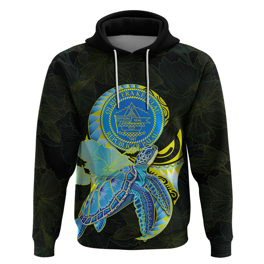 Custom Palau Hoodie Hibiscus Turtle Mix Coat of Arms Black Version LT14 - Polynesian Pride