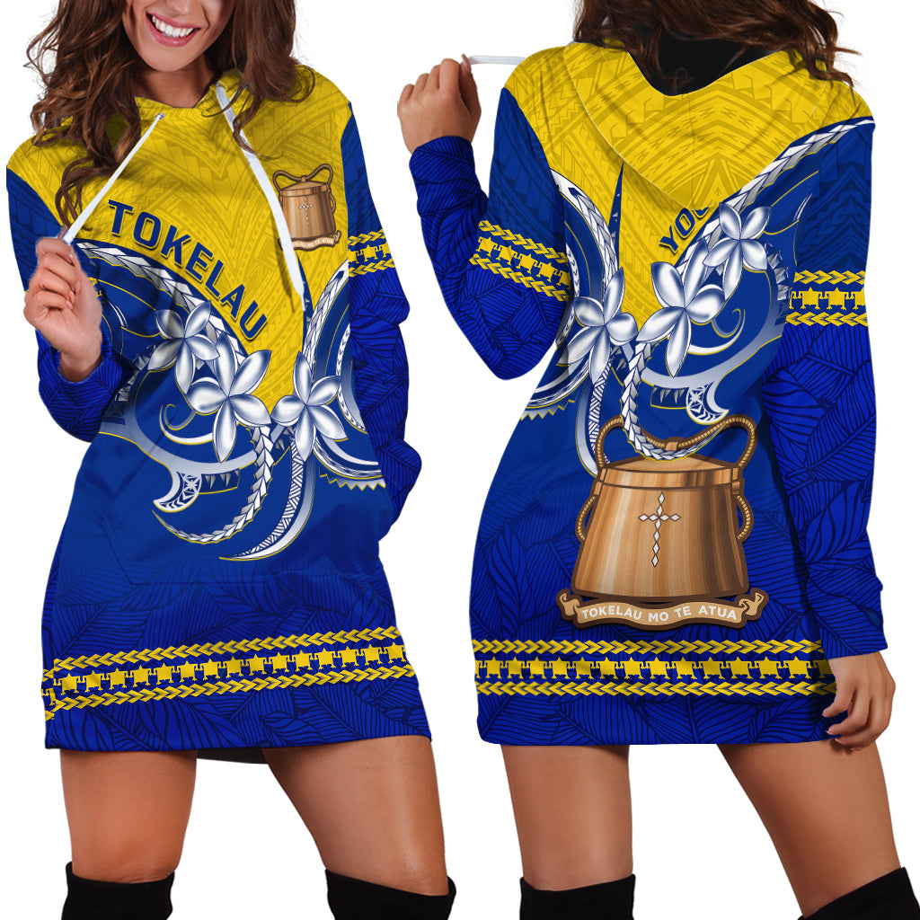 Personalised Tokelau Hoodie Dress Tokelauan Tatau Plumeria Special Style LT14 Blue - Polynesian Pride
