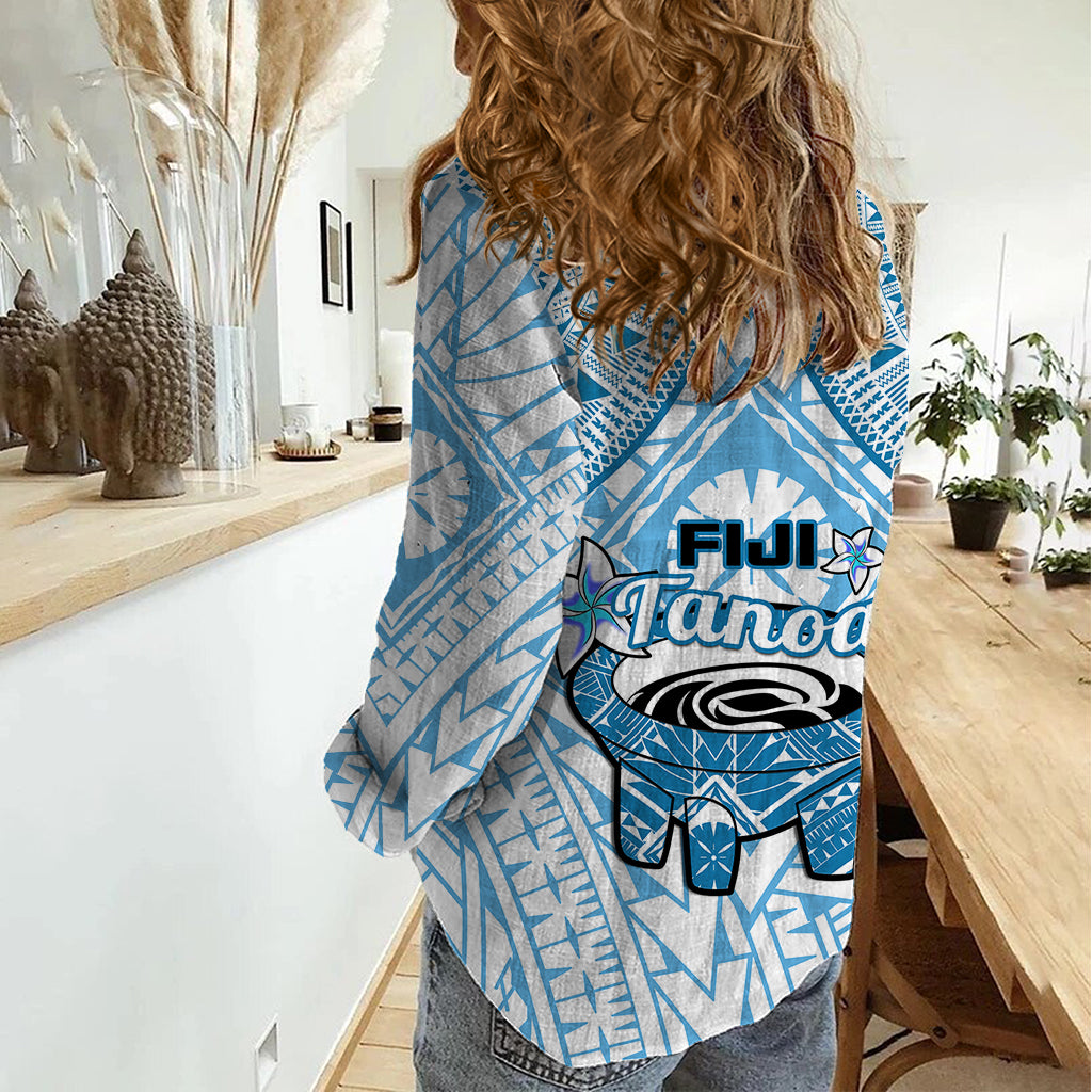 Fiji Tanoa Women Casual Shirt Kava Bowl Fijian Tapa Blue Pattern LT14 - Polynesian Pride