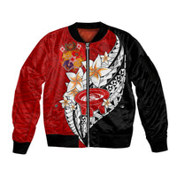 Tonga Kava Bowl Sleeve Zip Bomber Jacket Tongan Kupesi Ngatu Pattern Black LT14 Unisex Red - Polynesian Pride
