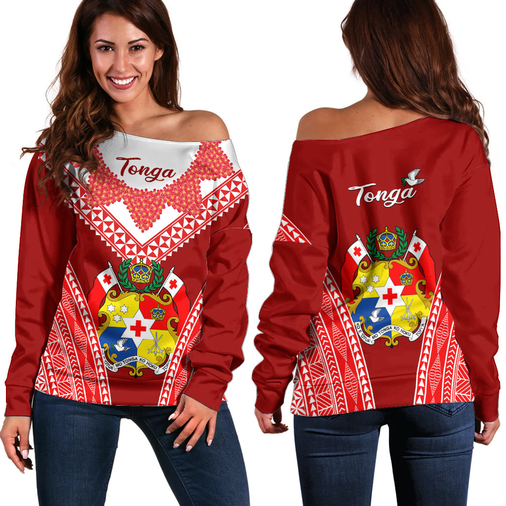 Tonga Heilala Flowers Off Shoulder Sweater Tongan Ngatu White Special Verison LT14 Women Red - Polynesian Pride