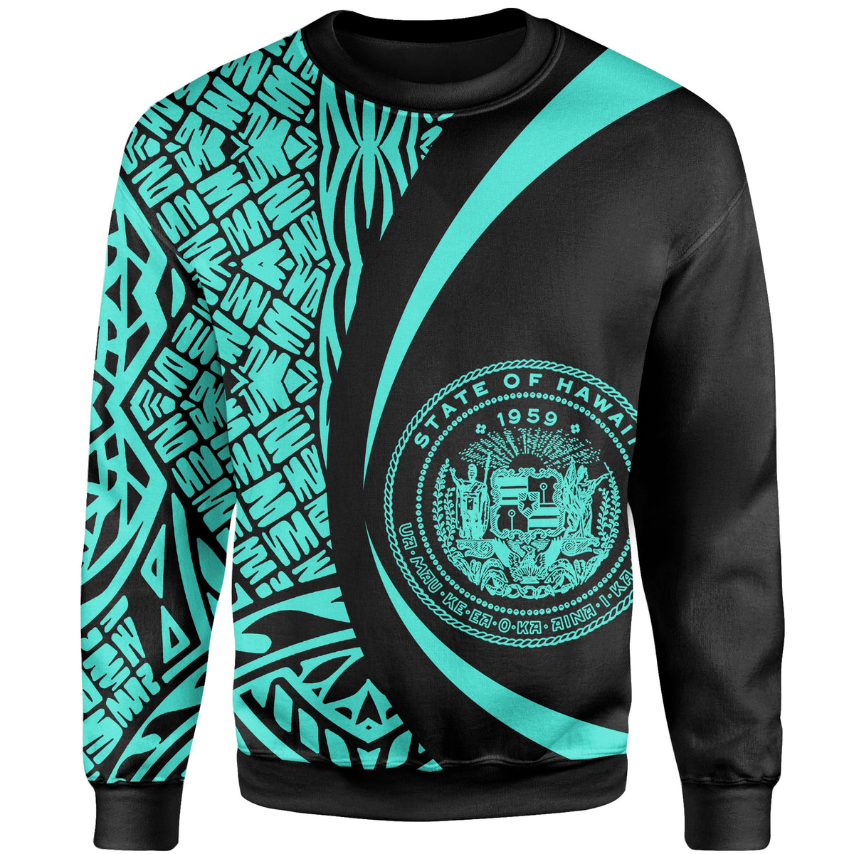 Hawaii Coat Of Arms Polynesian Crewneck Sweatshirt - Turquoise - Circle Style - Polynesian Pride