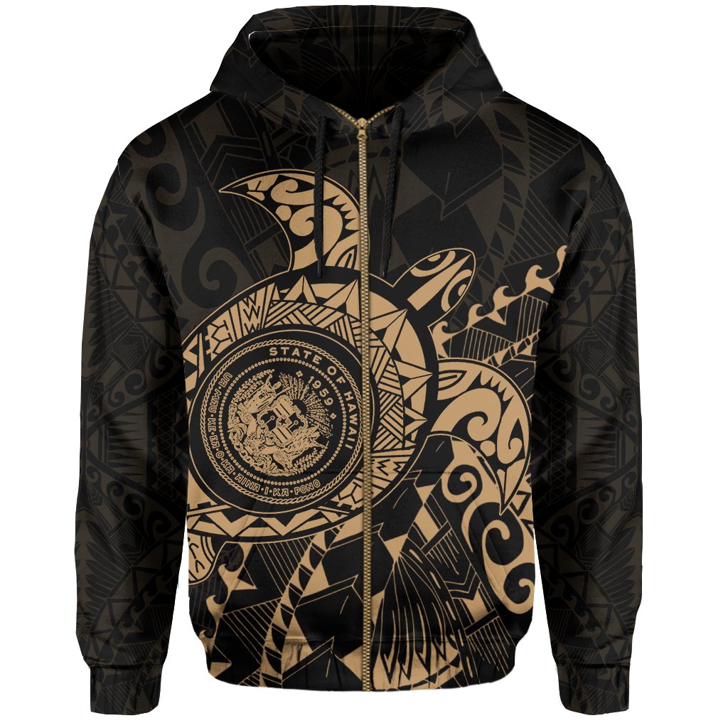 Hawaii Coat of Arms Zipper Hoodie (Gold) Turtle Style - Polynesian Pride