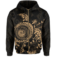 Hawaii Coat of Arms Zipper Hoodie (Gold) Turtle Style - Polynesian Pride